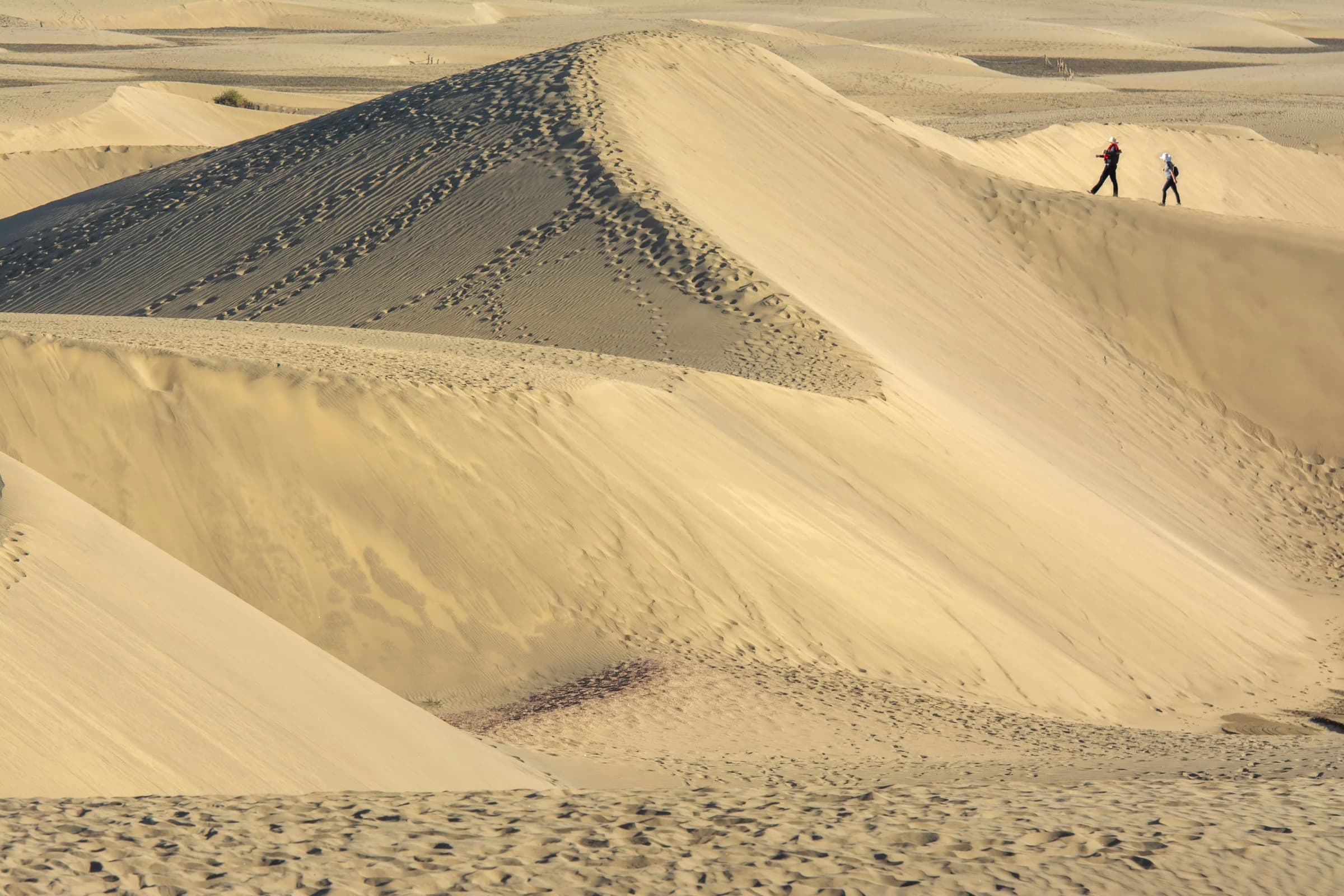 Walkers among the south-coast dunes of Gran Canaria